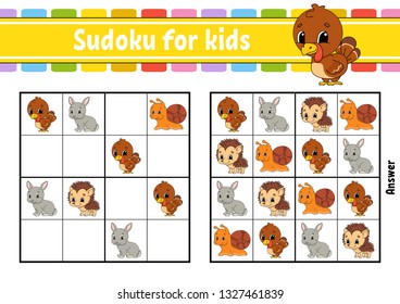 Sudoku for kids. Education developing worksheet. Activity page with pictures. Puzzle game for children and toddler. Logical thinking training. Isolated vector illustration. Cartoon style