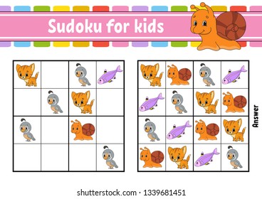 Sudoku for kids. Education developing worksheet. Activity page with pictures. Puzzle game for children and toddler. Logical thinking training. Isolated vector illustration. Cartoon style
