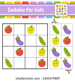 Sudoku for kids. Education developing worksheet. Activity page with pictures. Puzzle game for children. Logical thinking training. Isolated vector illustration. Funny character. Cartoon style