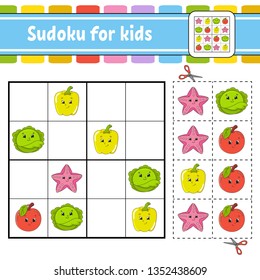 Sudoku for kids. Education developing worksheet. Activity page with pictures. Puzzle game for children. Logical thinking training. Isolated vector illustration. Funny character. Cartoon style