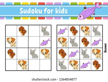 Sudoku for kids. Education developing worksheet. Activity page with pictures. Puzzle game for children and toddler. Logical thinking training. Isolated vector illustration. Cartoon style