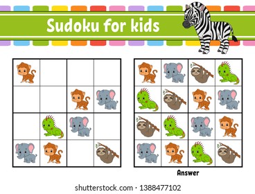 Sudoku for kids. Education developing worksheet. Activity page with pictures. Puzzle game for children. Logical thinking training. Isolated vector illustration. Funny character. Cartoon style.