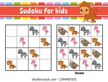 Sudoku for kids. Education developing worksheet. Activity page with pictures. Puzzle game for children. Logical thinking training. Isolated vector illustration. Funny character. Cartoon style.