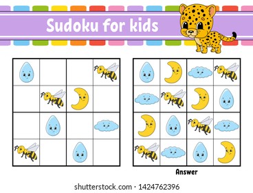 Sudoku for kids. Education developing worksheet. Activity page with pictures. Puzzle game for children. Logical thinking training. Isolated vector illustration. Funny character. Cartoon style.