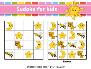 Sudoku for kids. Education developing worksheet. Activity page with pictures. Puzzle game for children. Logical thinking training. Isolated vector illustration. Funny character. Cartoon style.