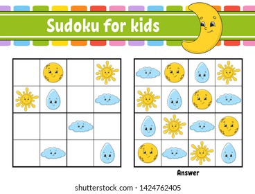 Sudoku for kids. Education developing worksheet. Activity page with pictures. Puzzle game for children. Logical thinking training. Isolated vector illustration. Funny character. Cartoon style.