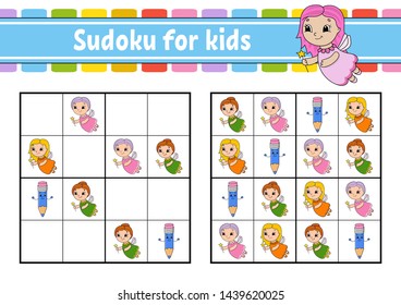 Sudoku for kids. Education developing worksheet. Activity page with pictures. Puzzle game for children. Logical thinking training. Isolated vector illustration. Funny character. Cartoon style.