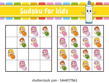 Sudoku for kids. Education developing worksheet. Activity page with pictures. Puzzle game for children. Logical thinking training. Isolated vector illustration. Funny character. Cartoon style.