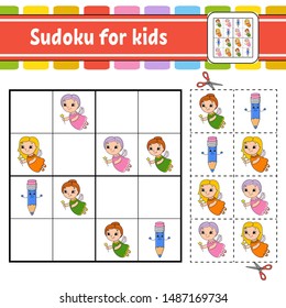 Sudoku for kids. Education developing worksheet. Activity page with pictures. Puzzle game for children. Logical thinking training. Isolated vector illustration. Funny character. Cartoon style.