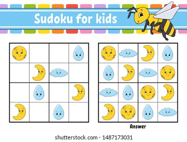 Sudoku for kids. Education developing worksheet. Activity page with pictures. Puzzle game for children. Logical thinking training. Isolated vector illustration. Funny character. Cartoon style.