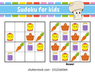 Sudoku for kids. Education developing worksheet. Activity page with pictures. Puzzle game for children. Logical thinking training. Isolated vector illustration. Funny character. Cartoon style.