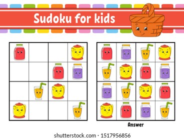 Sudoku for kids. Education developing worksheet. Activity page with pictures. Puzzle game for children. Logical thinking training. Isolated vector illustration. Funny character. Cartoon style.