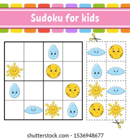 Sudoku for kids. Education developing worksheet. Activity page with pictures. Puzzle game for children. Logical thinking training. Isolated vector illustration. Funny character. Cartoon style.