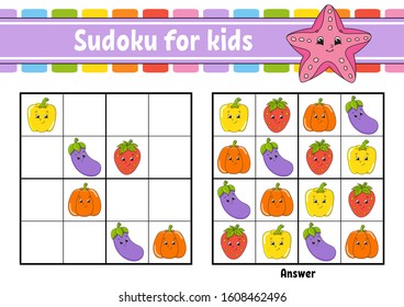 Sudoku for kids. Education developing worksheet. Vegetable, fruit. Cartoon character. Color activity page. Puzzle game for children. Logical thinking training. Isolated vector illustration.