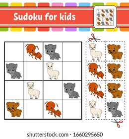Sudoku para los niños. Hoja de trabajo de desarrollo de la educación. Página Actividad con imágenes. Juego de rompecabezas para los niños. Pon animales.Ilustración vectorial aislada. Carácter gracioso. Estilo de caricatura.