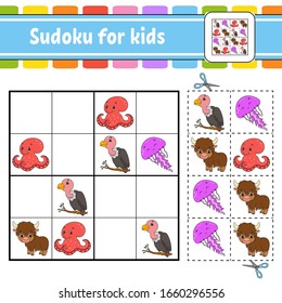 Sudoku for kids. Education developing worksheet. Activity page with pictures. Puzzle game for children. Set animals. Isolated vector illustration. Funny character. Cartoon style.