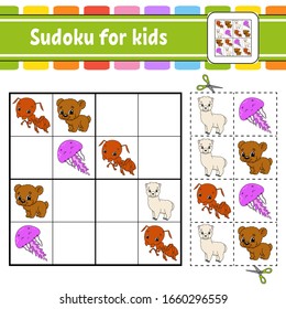 Sudoku for kids. Education developing worksheet. Activity page with pictures. Puzzle game for children. Set animals. Isolated vector illustration. Funny character. Cartoon style.