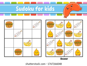 Sudoku for kids. Education developing worksheet. Cartoon character. Color activity page. Puzzle game for children. Logical thinking training. Isolated vector illustration.
