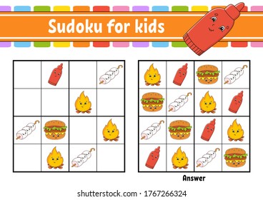 Sudoku para los niños. Educación desarrollando hoja de trabajo. Caricatura. Página de actividad de color. Juego de rompecabezas para los niños. Formación de pensamiento lógico. Ilustración vectorial aislada.