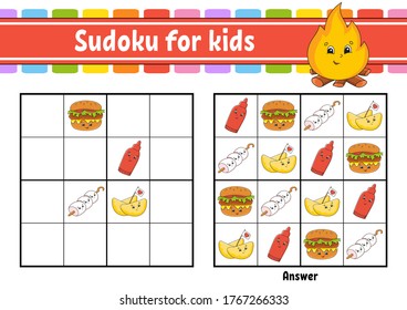 Sudoku for kids. Education developing worksheet. Cartoon character. Color activity page. Puzzle game for children. Logical thinking training. Isolated vector illustration.