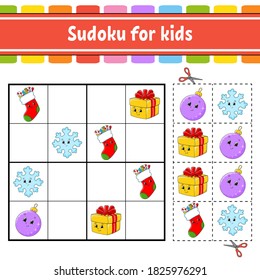 Sudoku para los niños. Educación desarrollando hoja de trabajo. Actividad con imágenes. Juego de rompecabezas para los niños. Formación de pensamiento lógico. Ilustración vectorial aislada. Carácter gracioso. Estilo de caricatura.
