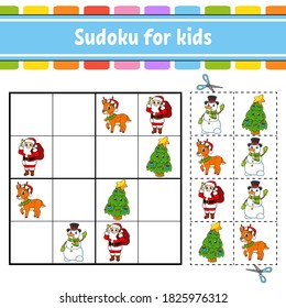 Sudoku for kids. Education developing worksheet. Activity page with pictures. Puzzle game for children. Logical thinking training. Isolated vector illustration. Funny character. Cartoon style.
