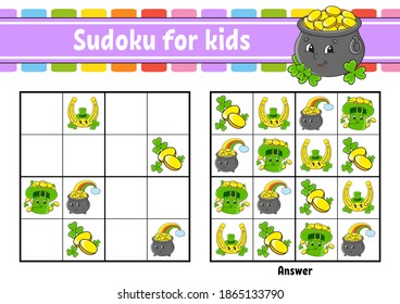 Sudoku for kids. Education developing worksheet. Cartoon character. Color activity page. Puzzle game for children. Logical thinking training. Isolated vector illustration. St. Patrick's day.