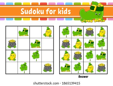 Sudoku for kids. Education developing worksheet. Cartoon character. Color activity page. Puzzle game for children. Logical thinking training. Isolated vector illustration. St. Patrick's day.
