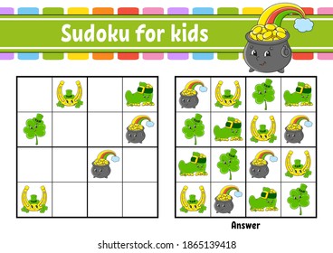 Sudoku for kids. Education developing worksheet. Cartoon character. Color activity page. Puzzle game for children. Logical thinking training. Isolated vector illustration. St. Patrick's day.