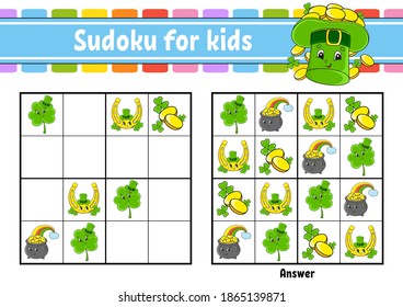 Sudoku for kids. Education developing worksheet. Cartoon character. Color activity page. Puzzle game for children. Logical thinking training. Isolated vector illustration. St. Patrick's day.