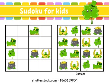 Sudoku for kids. Education developing worksheet. Cartoon character. Color activity page. Puzzle game for children. Logical thinking training. Isolated vector illustration. St. Patrick's day.