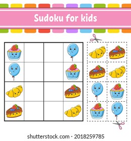 Sudoku for kids. Education developing worksheet. Activity page with pictures. Puzzle game for children. Logical thinking training. Isolated vector illustration. Funny character. Coon style.