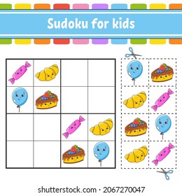 Sudoku for kids. Education developing worksheet. Activity page with pictures. Puzzle game for children. Logical thinking training. Isolated vector illustration. Funny character. Coon style.