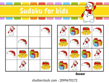 Sudoku for kids. Education developing worksheet. cartoon character. Color activity page. Puzzle game for children. Christmas theme. Isolated vector illustration.