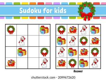 Sudoku para los niños. Educación desarrollando hoja de trabajo. personaje de dibujos animados. Página de actividad de color. Juego de rompecabezas para los niños. Tema de Navidad. Ilustración vectorial aislada.
