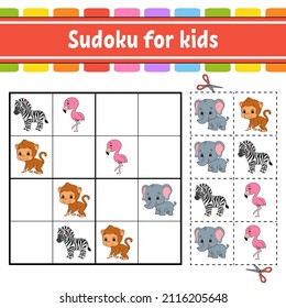 Sudoku for kids. Education developing worksheet. Activity page with pictures. Puzzle game for children. Logical thinking training. Isolated vector illustration. Animal theme. cartoon style.