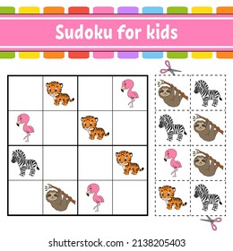 Sudoku für Kinder. Arbeitsblatt für die Erziehung. Aktivitätsseite mit Bildern. Puzzle-Spiel für Kinder. Training für logisches Denken. Einzige Vektorgrafik. Tierthema. Cartoon-Stil.