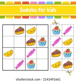 Sudoku for kids. Education developing worksheet. Activity page with pictures. Puzzle game for children. Logical thinking training. Isolated vector illustration. Funny character. Coon style.