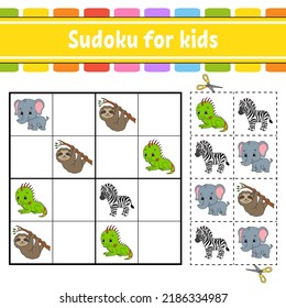Sudoku para los niños. Educación desarrollando hoja de trabajo. Actividad con imágenes. Juego de rompecabezas para los niños. Formación de pensamiento lógico. Ilustración vectorial aislada. Tema animal. estilo de dibujos animados.