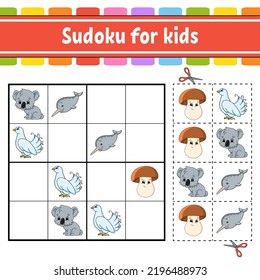 Sudoku for kids. Education developing worksheet. Activity page with pictures. Puzzle game for children. Logical thinking training. Isolated vector illustration. Funny character. cartoon style.