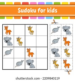 Sudoku for kids. Education developing worksheet. Activity page with pictures. Puzzle game for children. Logical thinking training. Isolated vector illustration. Funny character. cartoon style.
