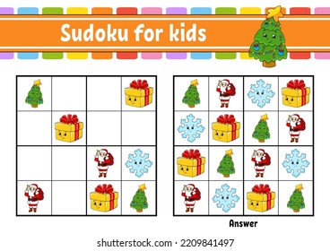 Sudoku for kids. Education developing worksheet. cartoon character. Color activity page. Puzzle game for children. Logical thinking training. Vector illustration.