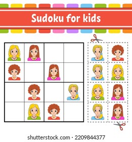 Sudoku for kids. Education developing worksheet. Activity page with pictures. Puzzle game for children. Logical thinking training. Funny character. Vector illustration.