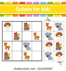 Sudoku for kids. Education developing worksheet. Activity page with pictures. Puzzle game for children. Logical thinking training. Isolated vector illustration. Funny character. cartoon style.