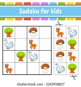 Sudoku for kids. Education developing worksheet. Activity page with pictures. Puzzle game for children. Logical thinking training. Isolated vector illustration. Funny character. cartoon style.