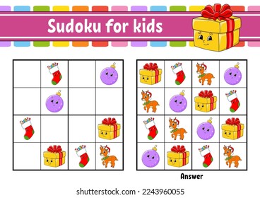 Sudoku para los niños. Educación desarrollando hoja de trabajo. personaje de dibujos animados. Página de actividad de color. Juego de rompecabezas para los niños. Formación de pensamiento lógico. Ilustración vectorial.