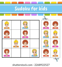 Sudoku for kids. Education developing worksheet. Activity page with pictures. Puzzle game for children. Logical thinking training. Funny character. Vector illustration.
