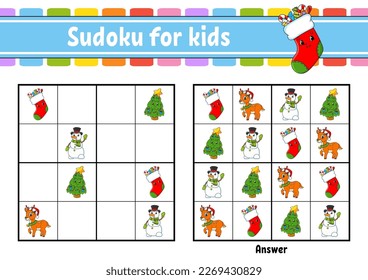 Sudoku for kids. Education developing worksheet. cartoon character. Color activity page. Puzzle game for children. Logical thinking training. Vector illustration.