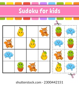 Sudoku for kids. Education developing worksheet. Activity page with pictures. Puzzle game for children. Logical thinking training. Funny character. Vector illustration.