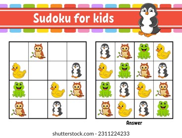 Sudoku for kids. Education developing worksheet. cartoon character. Color activity page. Puzzle game for children. Logical thinking training. .